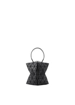 TORSO by BAO BAO ISSEY MIYAKE: a small black matte handbag with a leather-like finish, geometric equilateral triangle pattern, and circular handle, displayed on a plain white background.