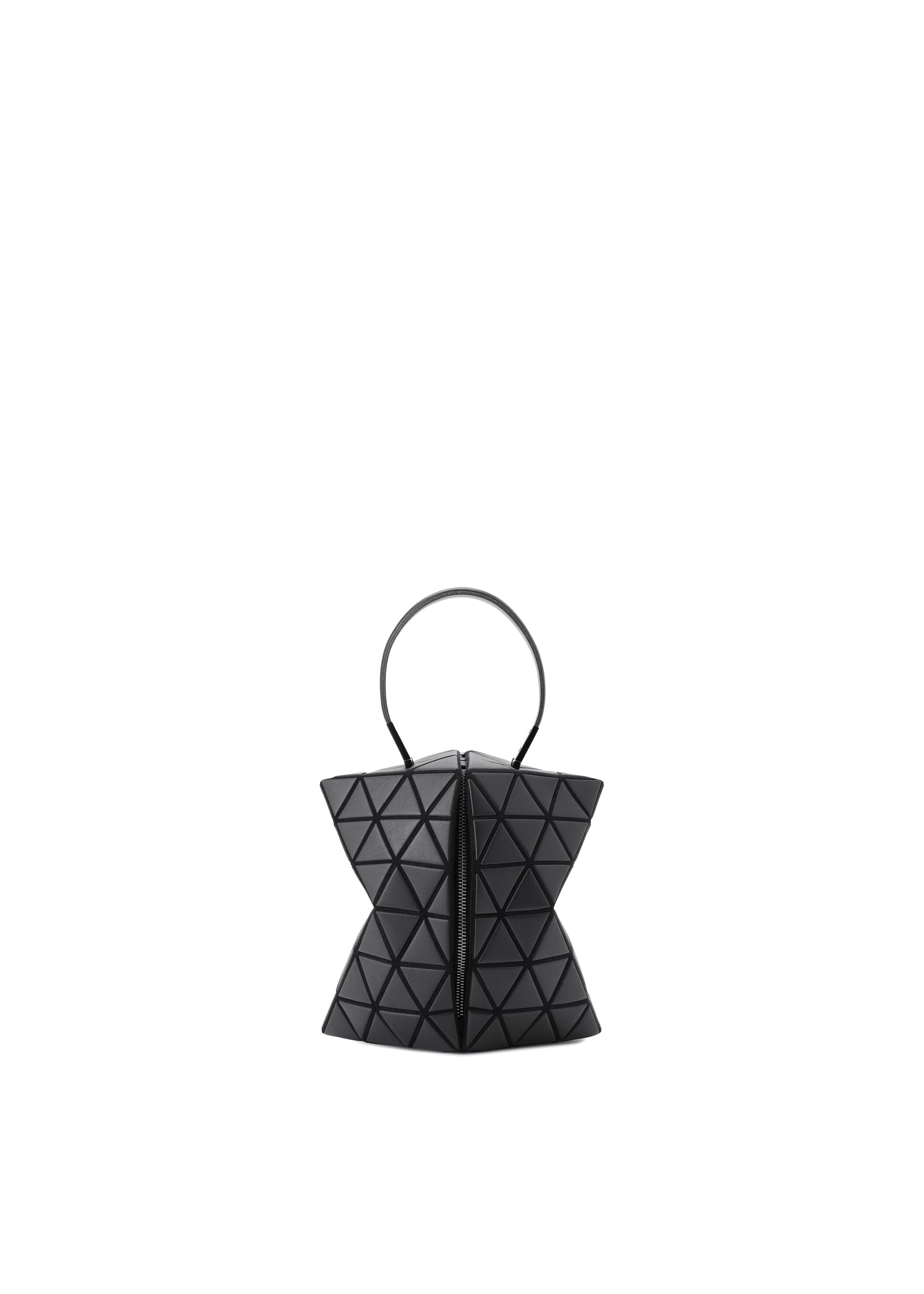 Zoomed view TORSO by BAO BAO ISSEY MIYAKE: a small black matte handbag with a leather-like finish, geometric equilateral triangle pattern, and circular handle, displayed on a plain white background.