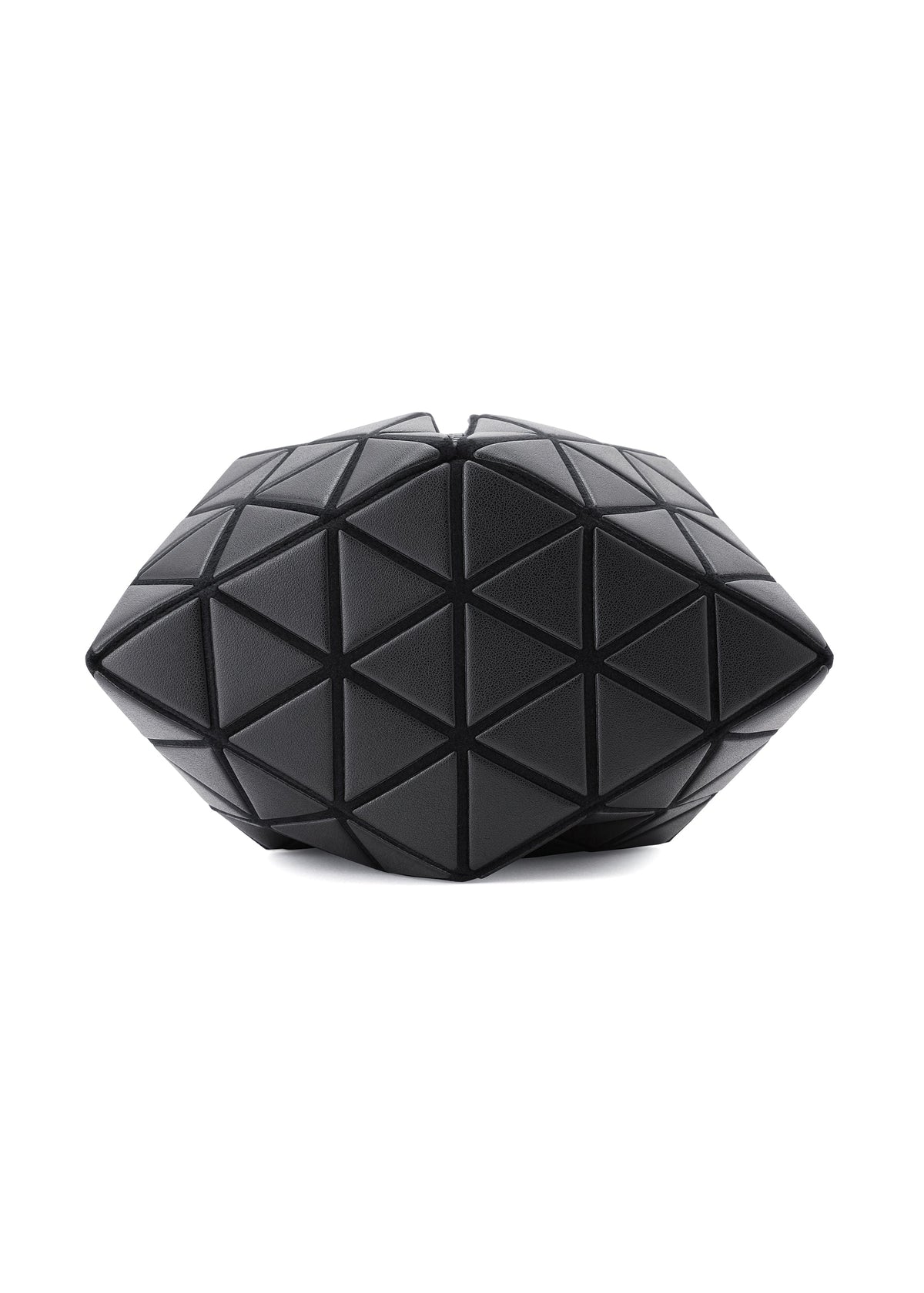 The BAO BAO ISSEY MIYAKE TORSO is a black geometric clutch featuring a 3D equilateral triangle pattern and matte, leather-like finish, shown against a white background for a modern, sculptural look. view 5 of 8
