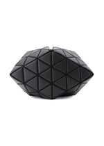 The BAO BAO ISSEY MIYAKE TORSO is a black geometric clutch featuring a 3D equilateral triangle pattern and matte, leather-like finish, shown against a white background for a modern, sculptural look.
