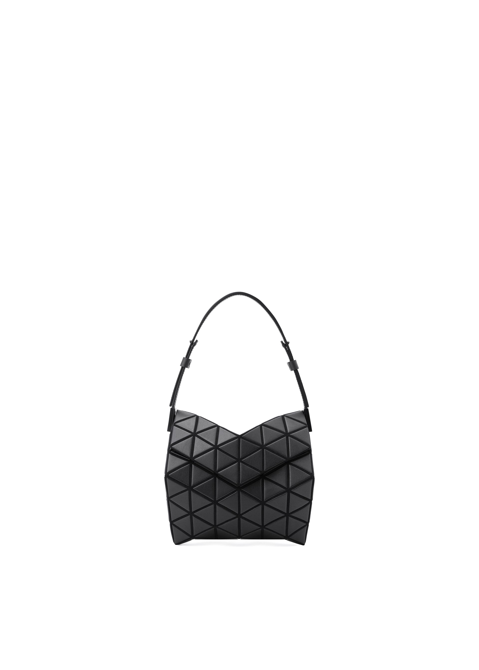 Zoomed view The TORSO shoulder bag by BAO BAO ISSEY MIYAKE features a black geometric triangular pattern, leather-like finish, adjustable strap, and sleek curved silhouette, shown against a plain white background. - MATTE BLACK （no.16）