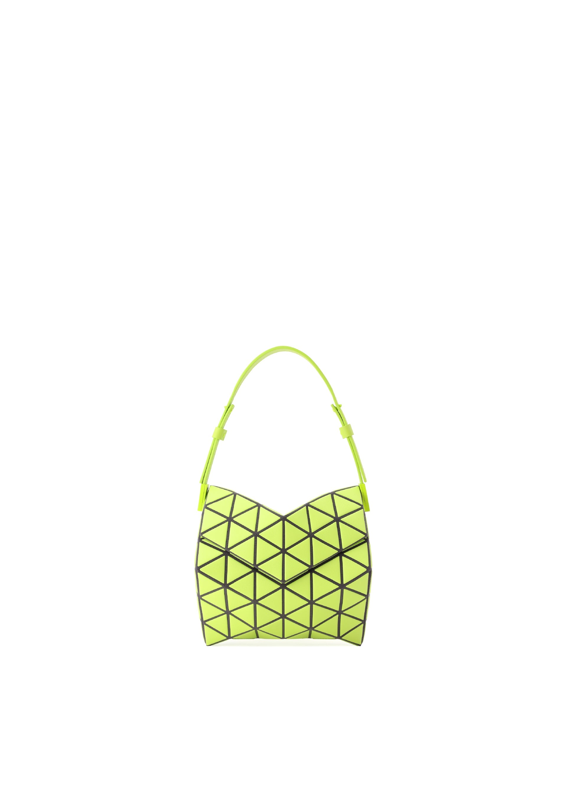 Zoomed view The TORSO handbag by BAO BAO ISSEY MIYAKE is a small, bright yellow bag with geometric triangular patterns, black outlines, a single handle, and a curved silhouette, all set against a plain white background. - NEON YELLOW （no.56）