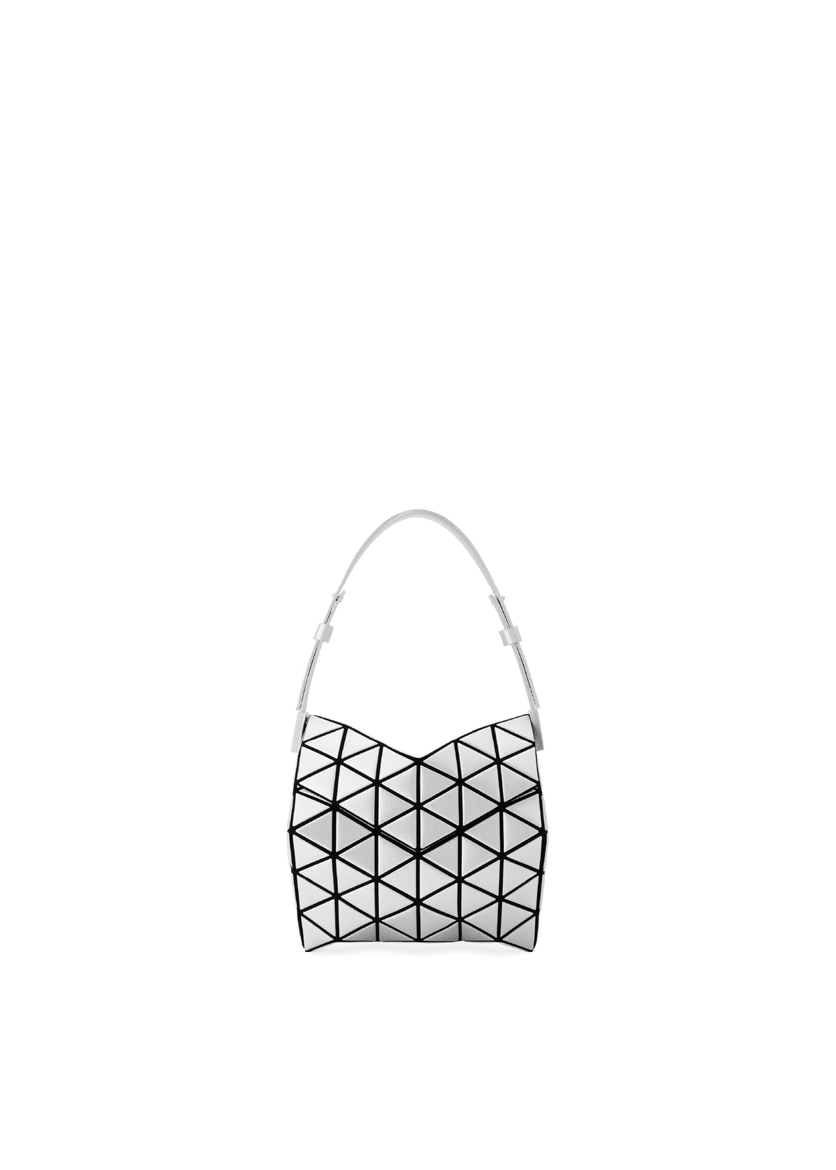 The TORSO shoulder bag by BAO BAO ISSEY MIYAKE showcases a black and white geometric triangular pattern, a single white strap, and a curved silhouette, all displayed against a plain white background. view 3 of 7