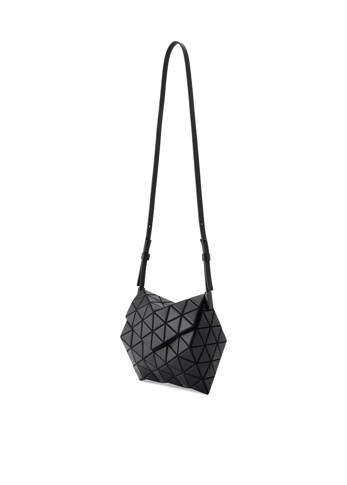 The TORSO by BAO BAO ISSEY MIYAKE is a modern crossbody bag with a geometric triangular pattern, crafted from black leather-like material. It features an adjustable long strap and a distinctive angular sculpted shape. view 4 of 7