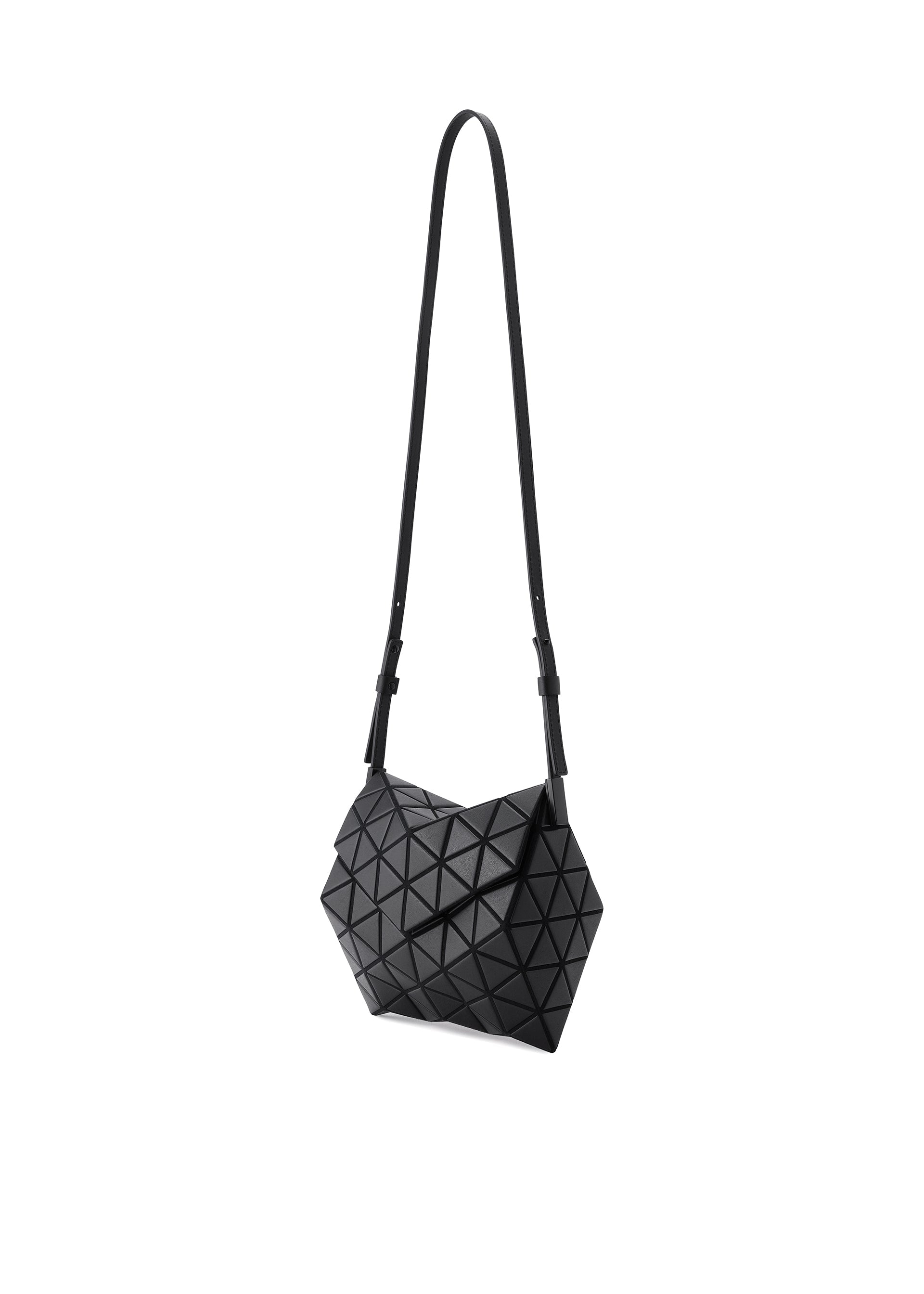 Zoomed view The TORSO by BAO BAO ISSEY MIYAKE is a modern crossbody bag with a geometric triangular pattern, crafted from black leather-like material. It features an adjustable long strap and a distinctive angular sculpted shape.