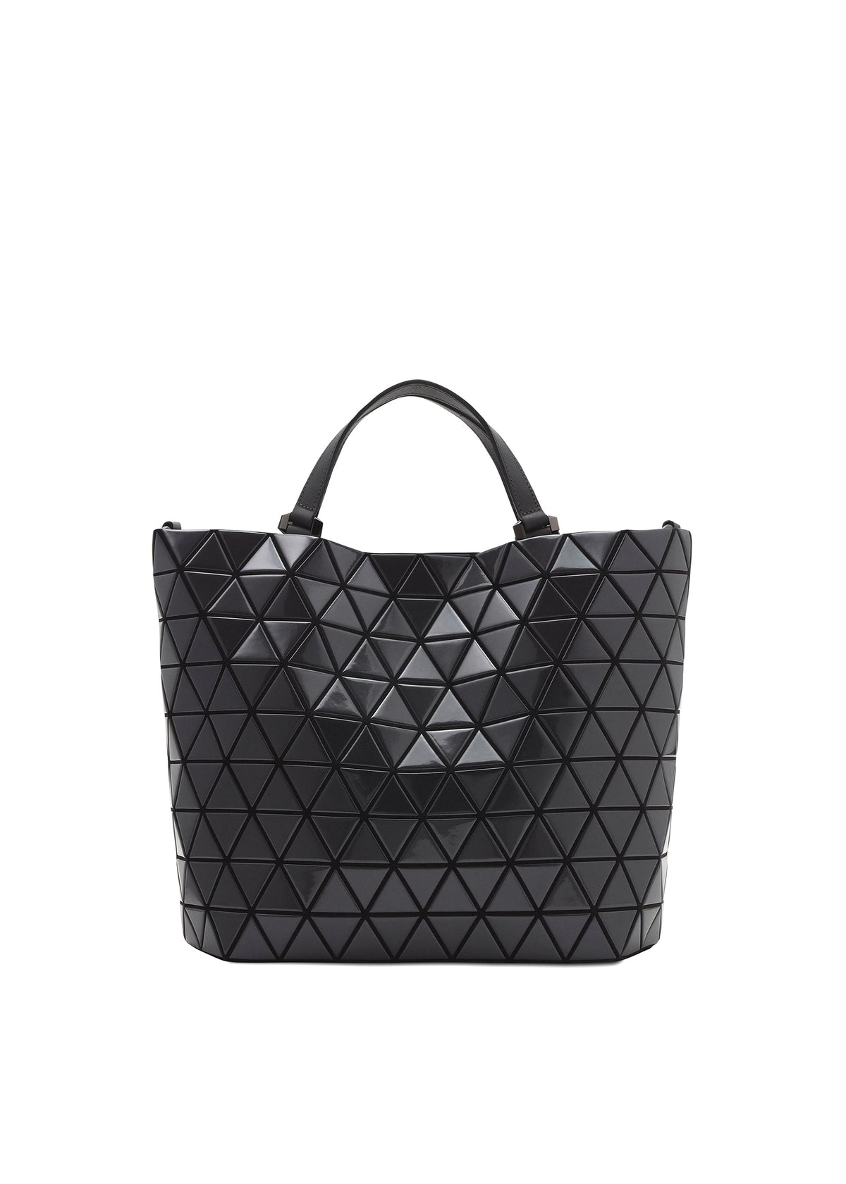 The CRYSTAL GLOSS by BAO BAO ISSEY MIYAKE is a black cowhide leather tote with geometric triangular patterns, double handles, and a structured design—ideal as a stylish, modern business handbag. view 1 of 6