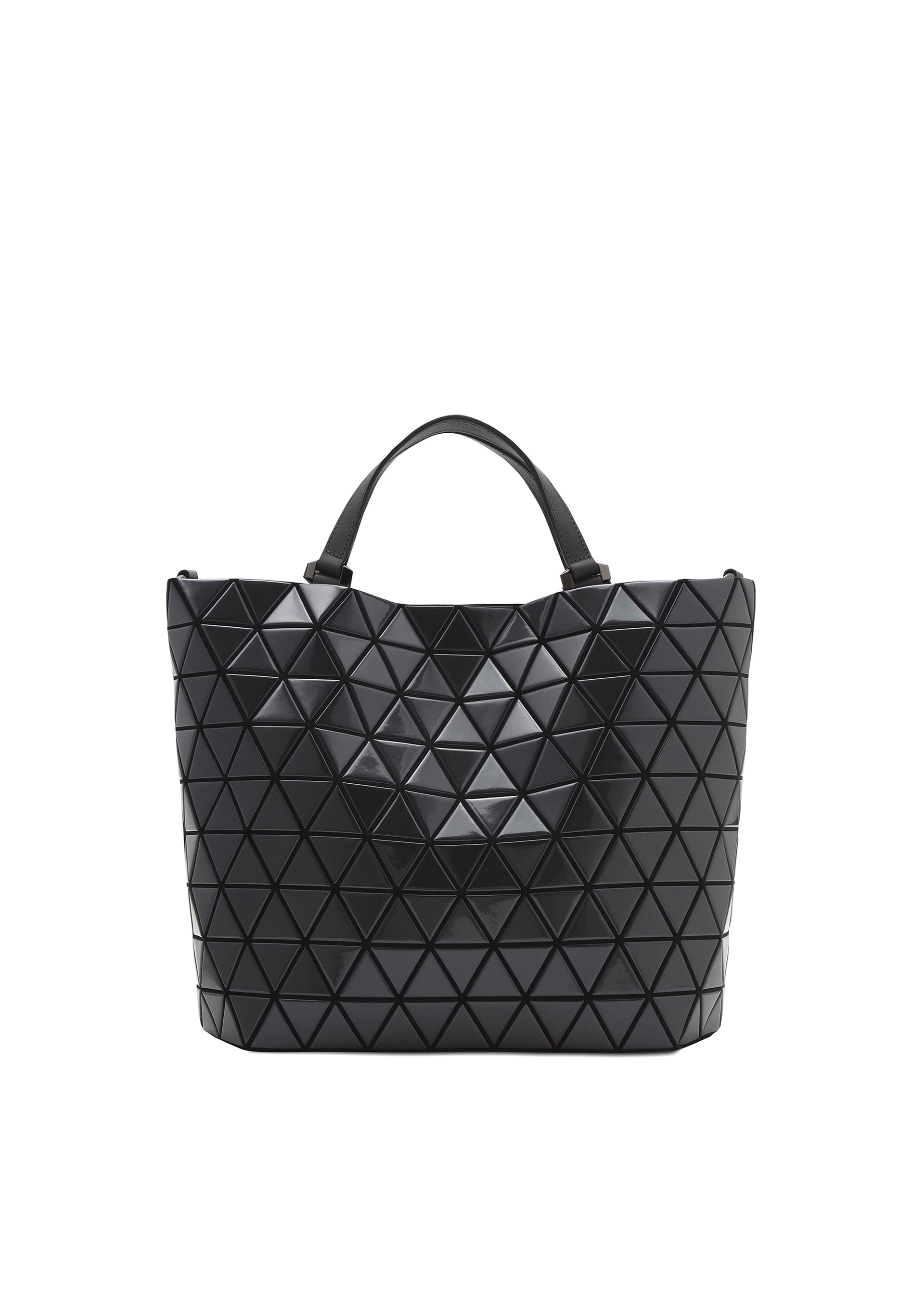 Zoomed view The CRYSTAL GLOSS by BAO BAO ISSEY MIYAKE is a black cowhide leather tote with geometric triangular patterns, double handles, and a structured design—ideal as a stylish, modern business handbag. - DARK GRAY （no.13）