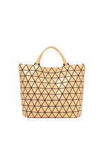 The CRYSTAL GLOSS tote by BAO BAO ISSEY MIYAKE features beige cowhide leather with a black-outlined geometric triangular pattern and two top handles, shown against a white background. - LIGHT ORANGE （no.31）