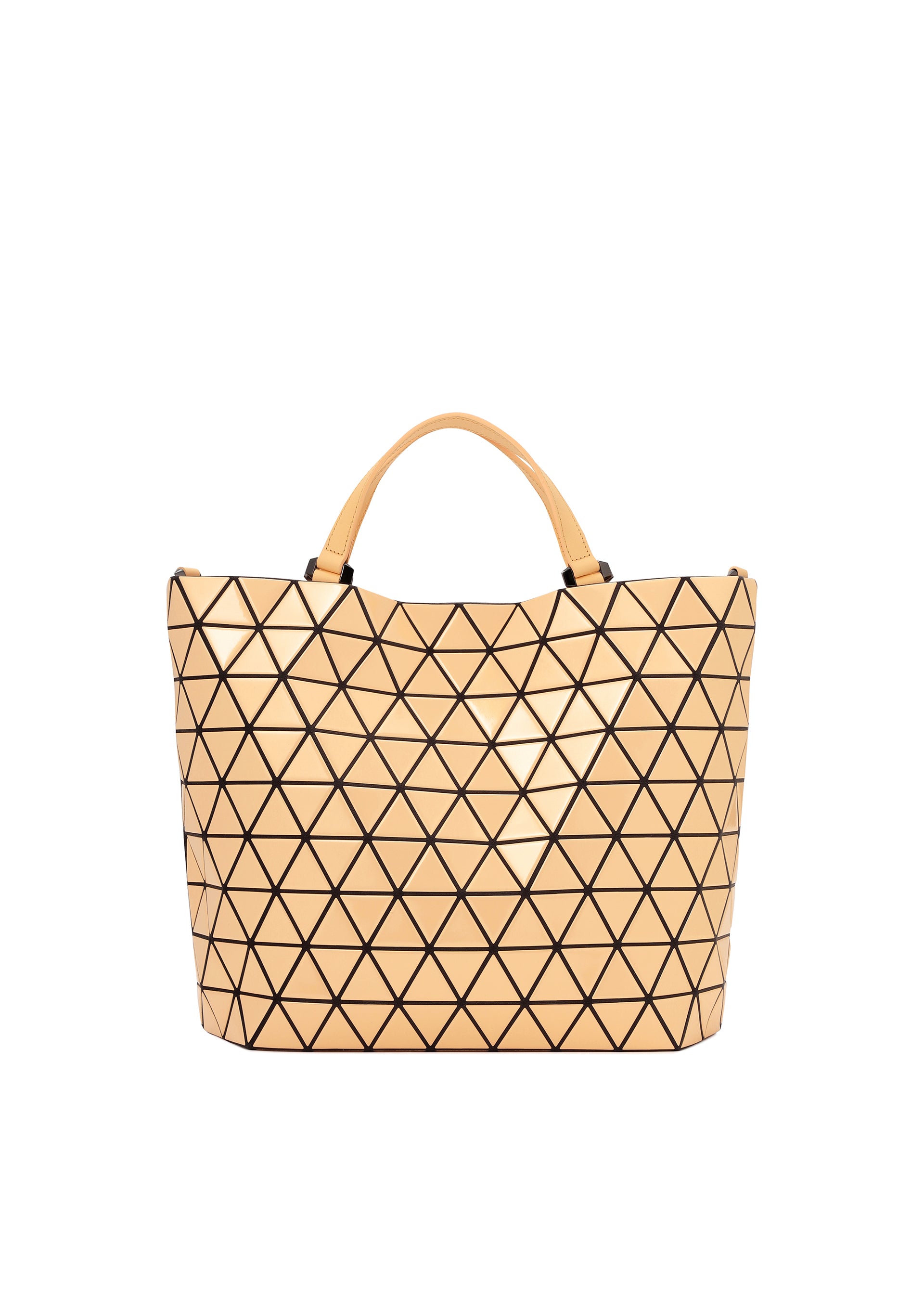Zoomed view The CRYSTAL GLOSS tote by BAO BAO ISSEY MIYAKE features beige cowhide leather with a black-outlined geometric triangular pattern and two top handles, shown against a white background. - LIGHT ORANGE （no.31）