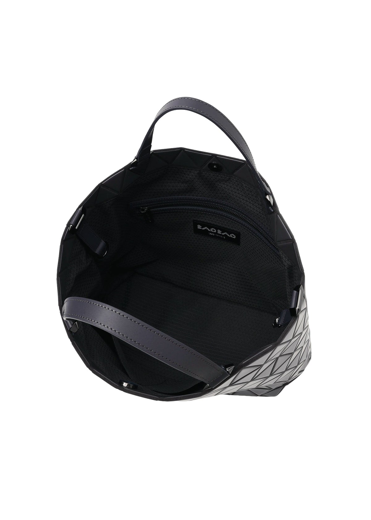 The CRYSTAL GLOSS by BAO BAO ISSEY MIYAKE is a geometric-patterned black cowhide leather handbag with two dark handles, shown from above displaying its spacious interior, zippered pocket, and visible brand label inside. view 5 of 6