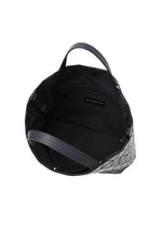 The CRYSTAL GLOSS by BAO BAO ISSEY MIYAKE is a geometric-patterned black cowhide leather handbag with two dark handles, shown from above displaying its spacious interior, zippered pocket, and visible brand label inside.