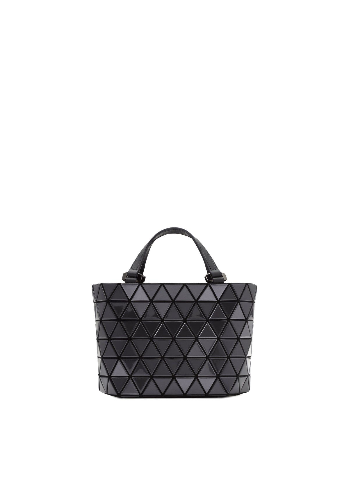 The CRYSTAL GLOSS by BAO BAO ISSEY MIYAKE is a black mini handbag crafted from cowhide leather, featuring a geometric triangular grid pattern and two short handles, shown against a plain white background. view 1 of 6