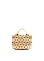 The CRYSTAL GLOSS mini handbag by BAO BAO ISSEY MIYAKE is crafted from beige cowhide leather with a geometric triangular pattern and two short handles, shown against a plain white background. - LIGHT ORANGE （no.31）