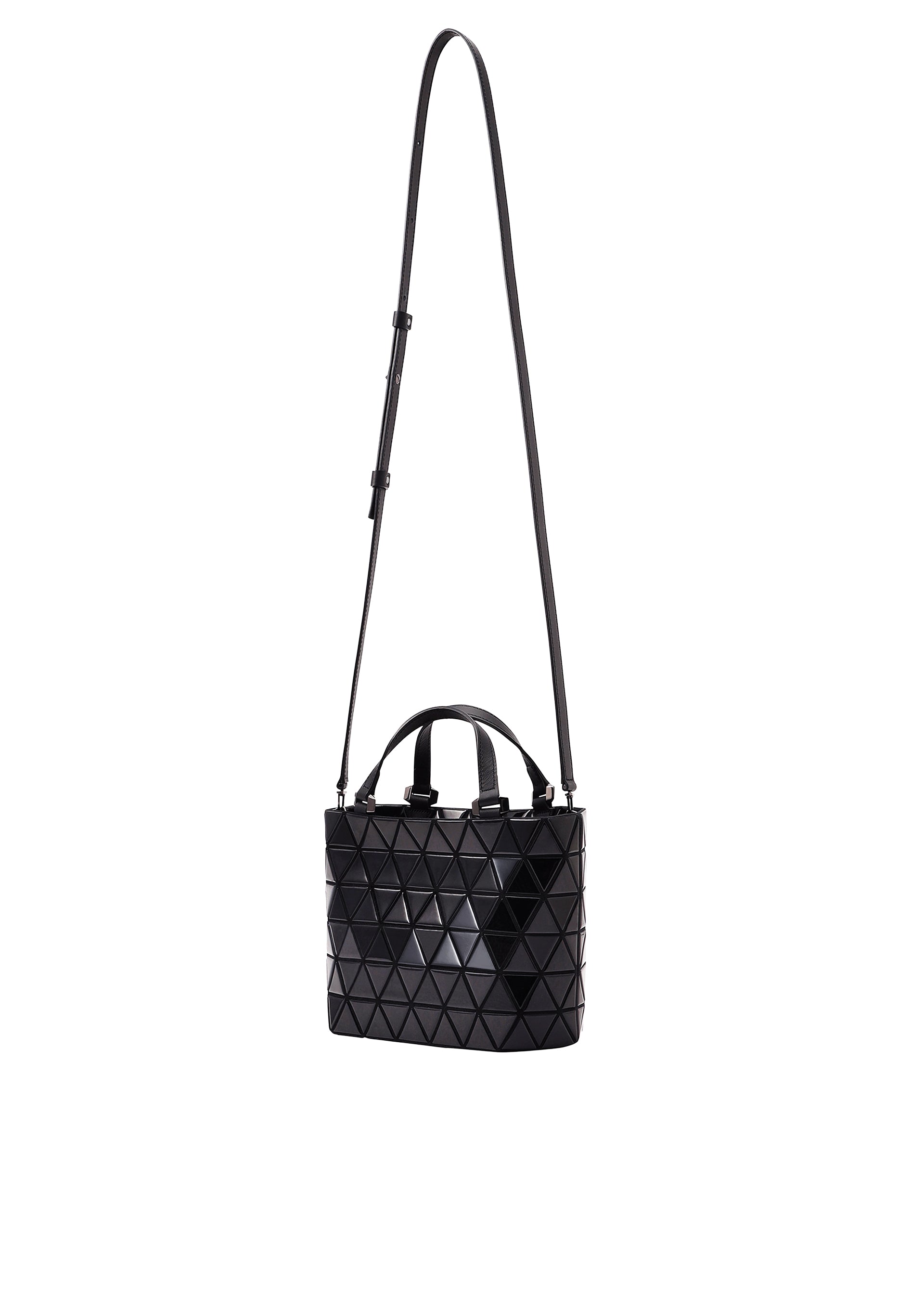 Zoomed view The CRYSTAL GLOSS mini handbag by BAO BAO ISSEY MIYAKE features a black geometric pattern, cowhide leather, two short handles, and a long adjustable shoulder strap, shown against a white background.