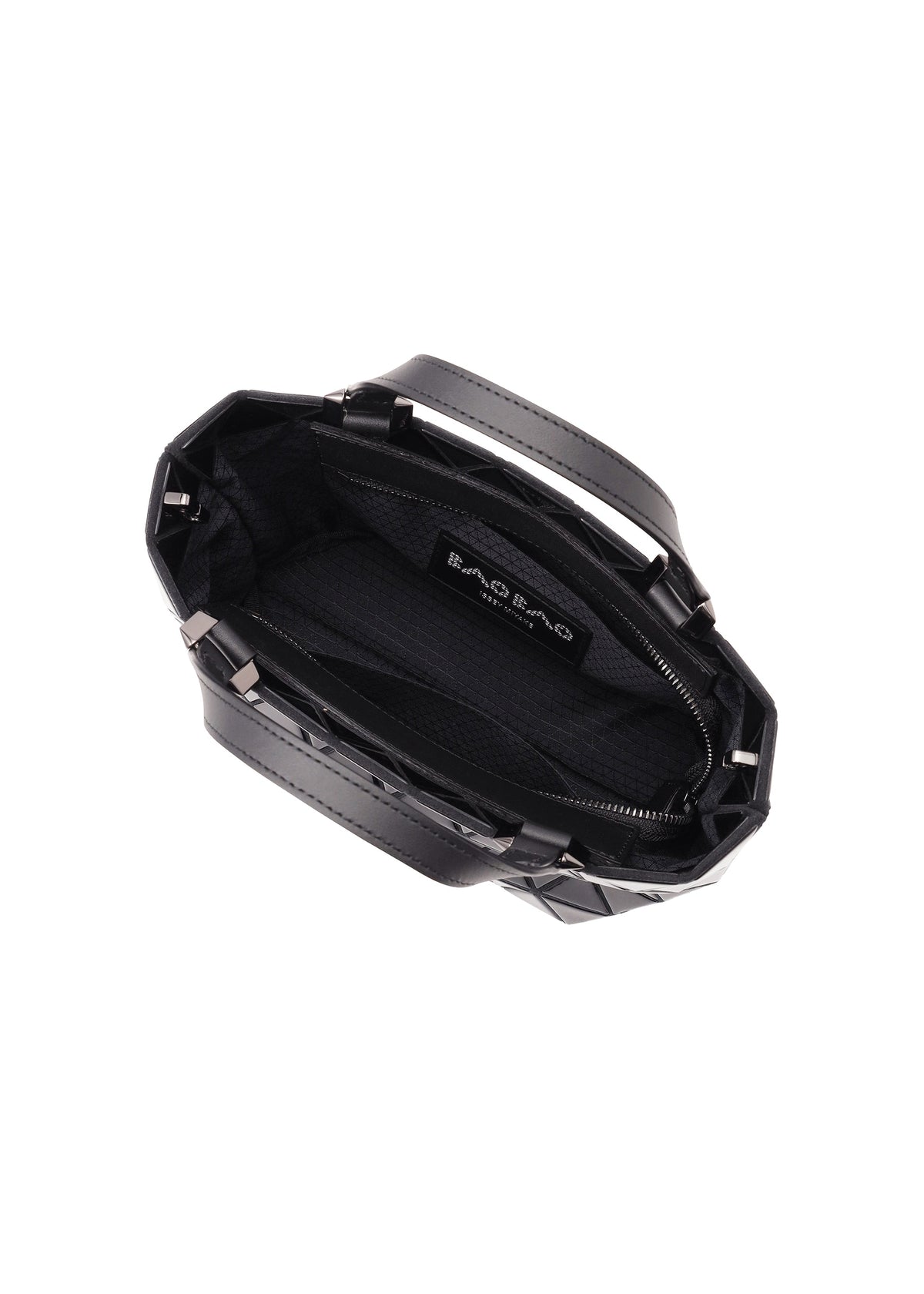 Top view of the CRYSTAL GLOSS mini handbag by BAO BAO ISSEY MIYAKE, featuring a black geometric cowhide leather design, two sturdy handles, a structured shape, interior zip pocket, and visible brand label. view 4 of 6