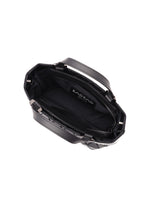 Top view of the CRYSTAL GLOSS mini handbag by BAO BAO ISSEY MIYAKE, featuring a black geometric cowhide leather design, two sturdy handles, a structured shape, interior zip pocket, and visible brand label.