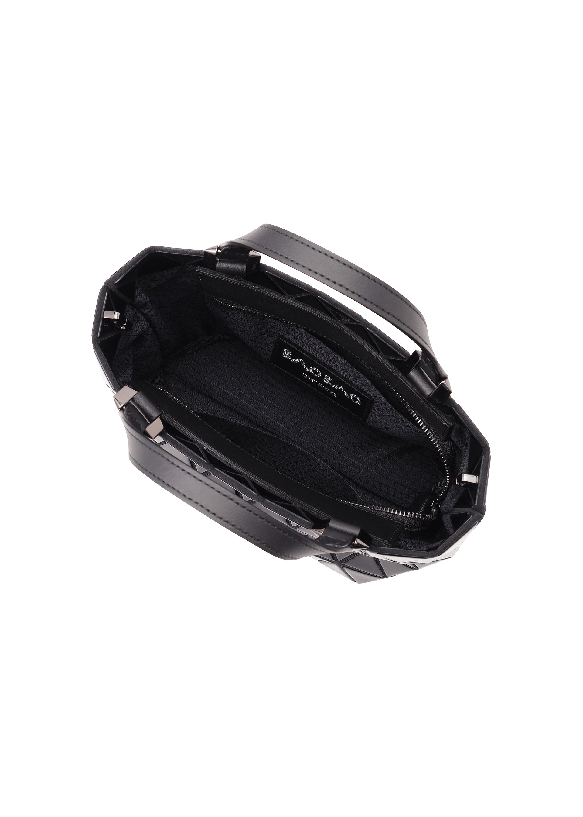 Zoomed view Top view of the CRYSTAL GLOSS mini handbag by BAO BAO ISSEY MIYAKE, featuring a black geometric cowhide leather design, two sturdy handles, a structured shape, interior zip pocket, and visible brand label.
