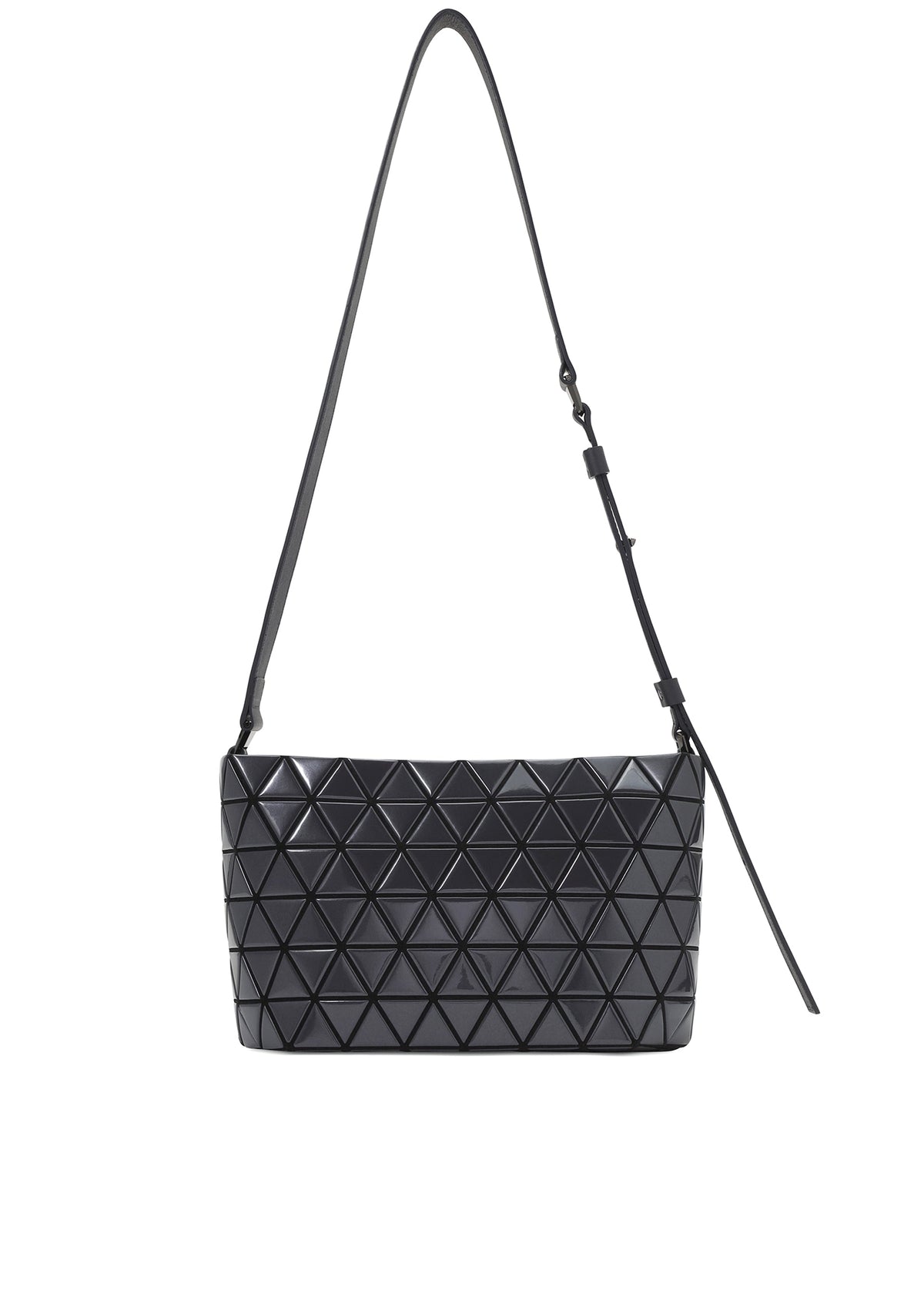 The CRYSTAL GLOSS by BAO BAO ISSEY MIYAKE is a black shoulder bag with a glossy enamel finish, geometric triangular pattern, and adjustable leather strap, shown against a white background. view 1 of 6