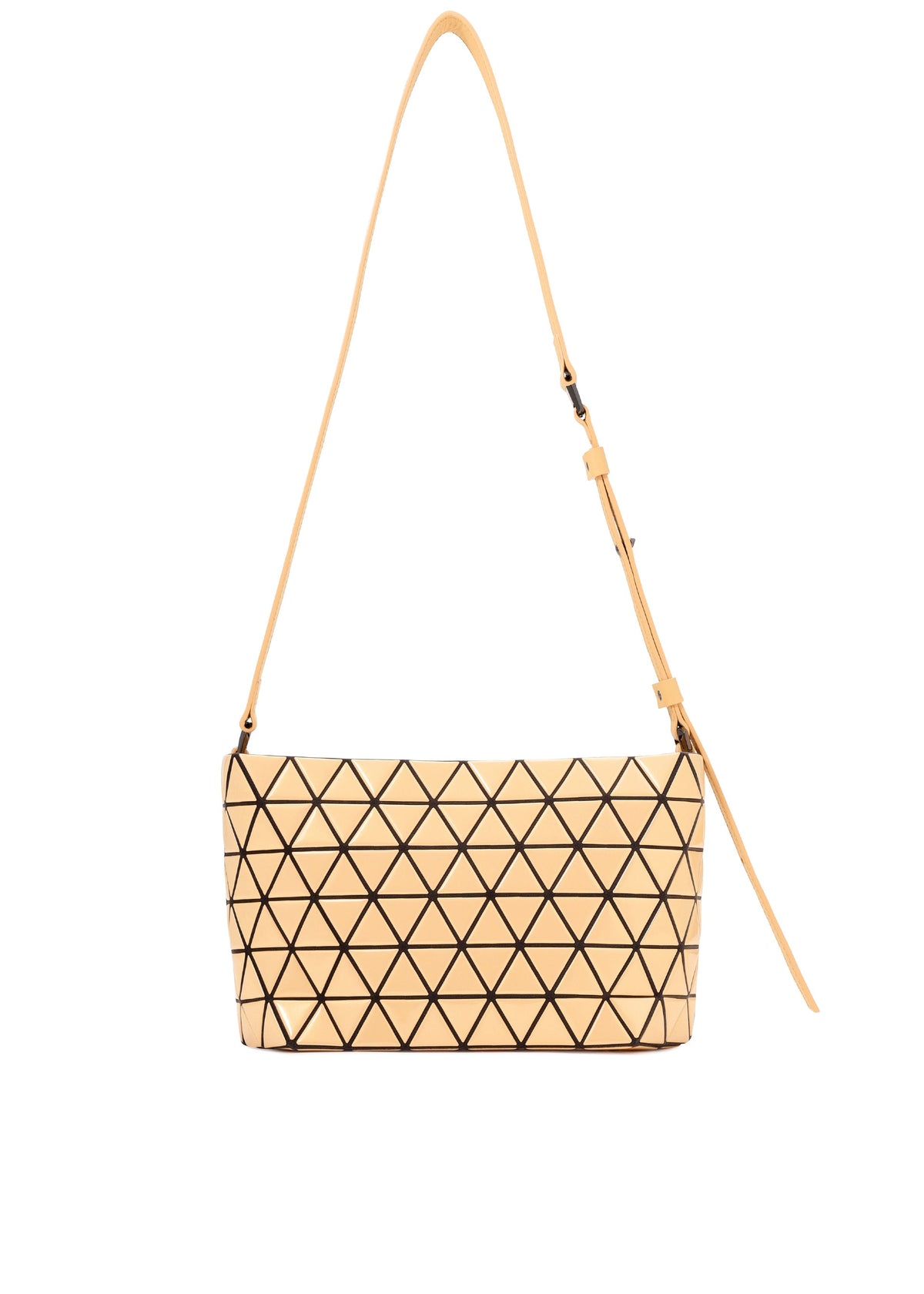 The CRYSTAL GLOSS by BAO BAO ISSEY MIYAKE is a beige shoulder bag featuring a geometric triangle pattern, adjustable leather strap, and glossy enamel accents, shown on a white background. view 2 of 6