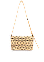 The CRYSTAL GLOSS by BAO BAO ISSEY MIYAKE is a beige shoulder bag featuring a geometric triangle pattern, adjustable leather strap, and glossy enamel accents, shown on a white background. - LIGHT ORANGE （no.31）