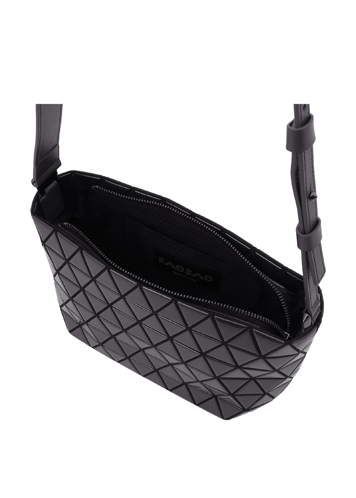 The CRYSTAL GLOSS by BAO BAO ISSEY MIYAKE is a black shoulder bag featuring geometric patterns, a glossy enamel finish, zippered main compartment, adjustable strap, and a visible interior pocket. view 5 of 6