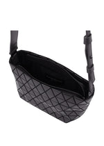 The CRYSTAL GLOSS by BAO BAO ISSEY MIYAKE is a black shoulder bag featuring geometric patterns, a glossy enamel finish, zippered main compartment, adjustable strap, and a visible interior pocket.