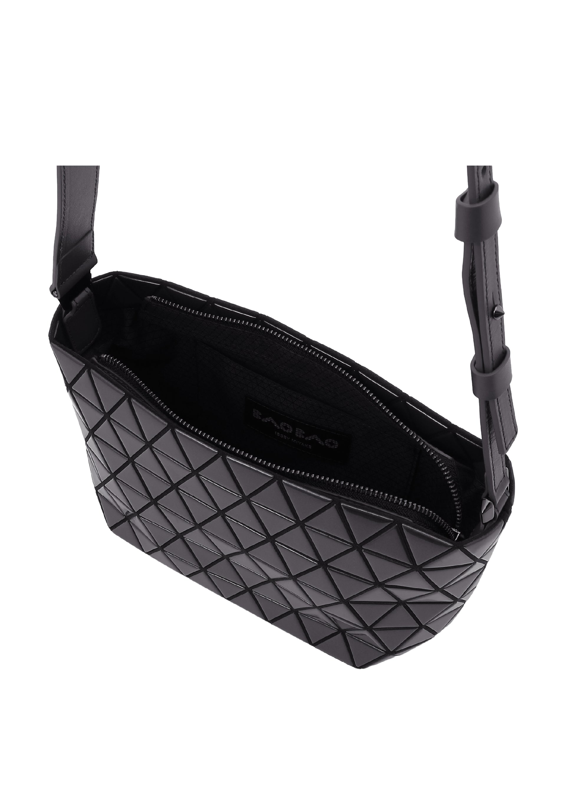 Zoomed view The CRYSTAL GLOSS by BAO BAO ISSEY MIYAKE is a black shoulder bag featuring geometric patterns, a glossy enamel finish, zippered main compartment, adjustable strap, and a visible interior pocket.