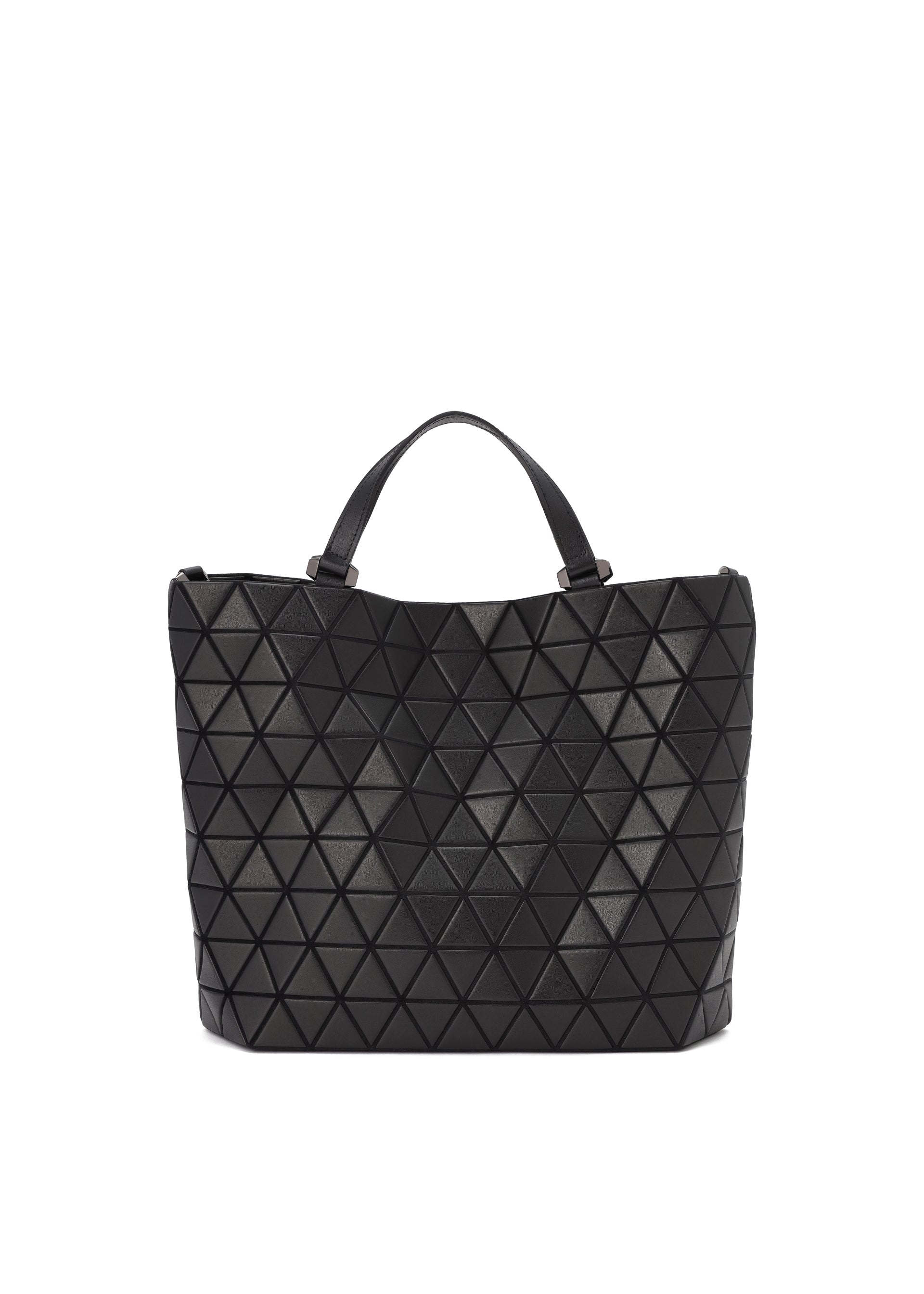 Zoomed view The CRYSTAL MATTE tote bag by BAO BAO ISSEY MIYAKE showcases a striking black geometric triangle pattern and two short leather straps, standing upright against a plain white background—perfectly sized for carrying your A4 documents in style. - MATTE BLACK （no.16）