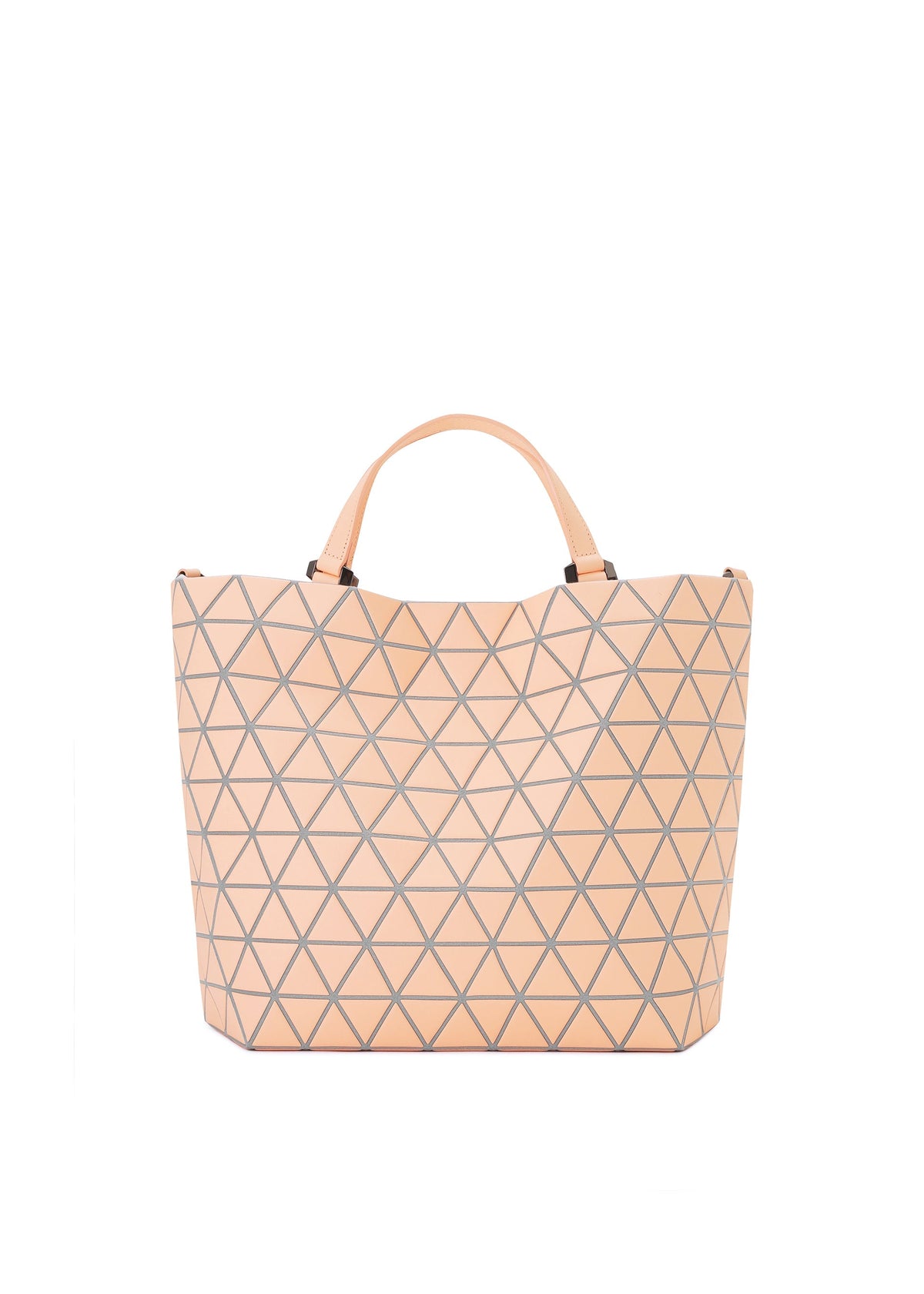 The CRYSTAL MATTE by BAO BAO ISSEY MIYAKE is a peach tote bag with geometric triangles, short leather straps, and a modern minimalist design that fits A4 documents, shown on a plain white background. view 2 of 6
