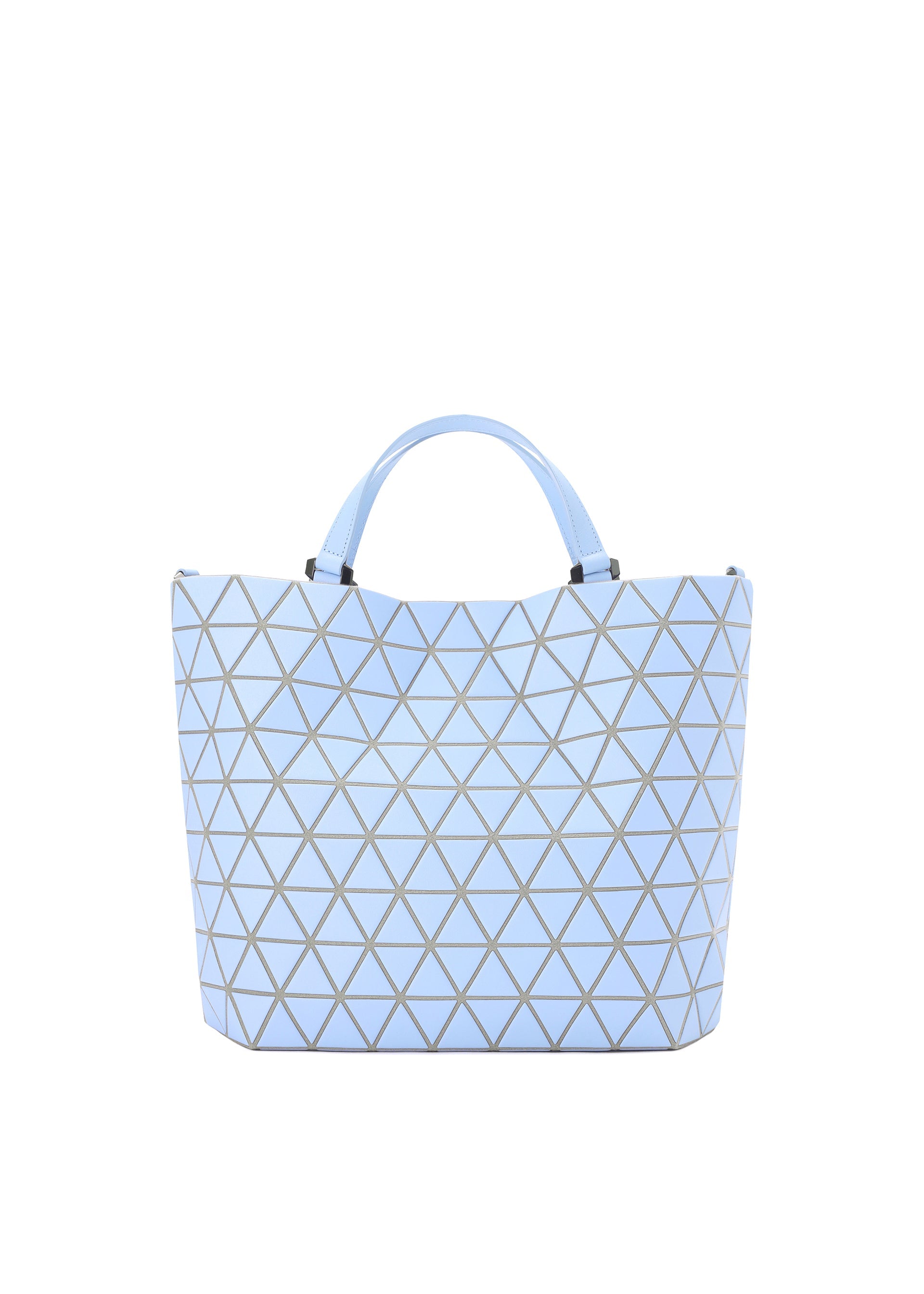 Zoomed view The CRYSTAL MATTE tote by BAO BAO ISSEY MIYAKE features a chic light blue geometric triangular pattern, two matching leather straps, and is perfectly sized for A4 documents, shown against a plain white background. - LIGHT BLUE （no.71）