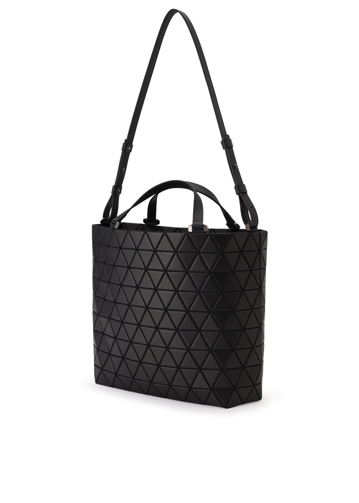 The CRYSTAL MATTE by BAO BAO ISSEY MIYAKE is a black geometric tote with a triangular pattern, short leather handles, and a long adjustable strap, sized for A4 documents and shown against a white background. view 4 of 6
