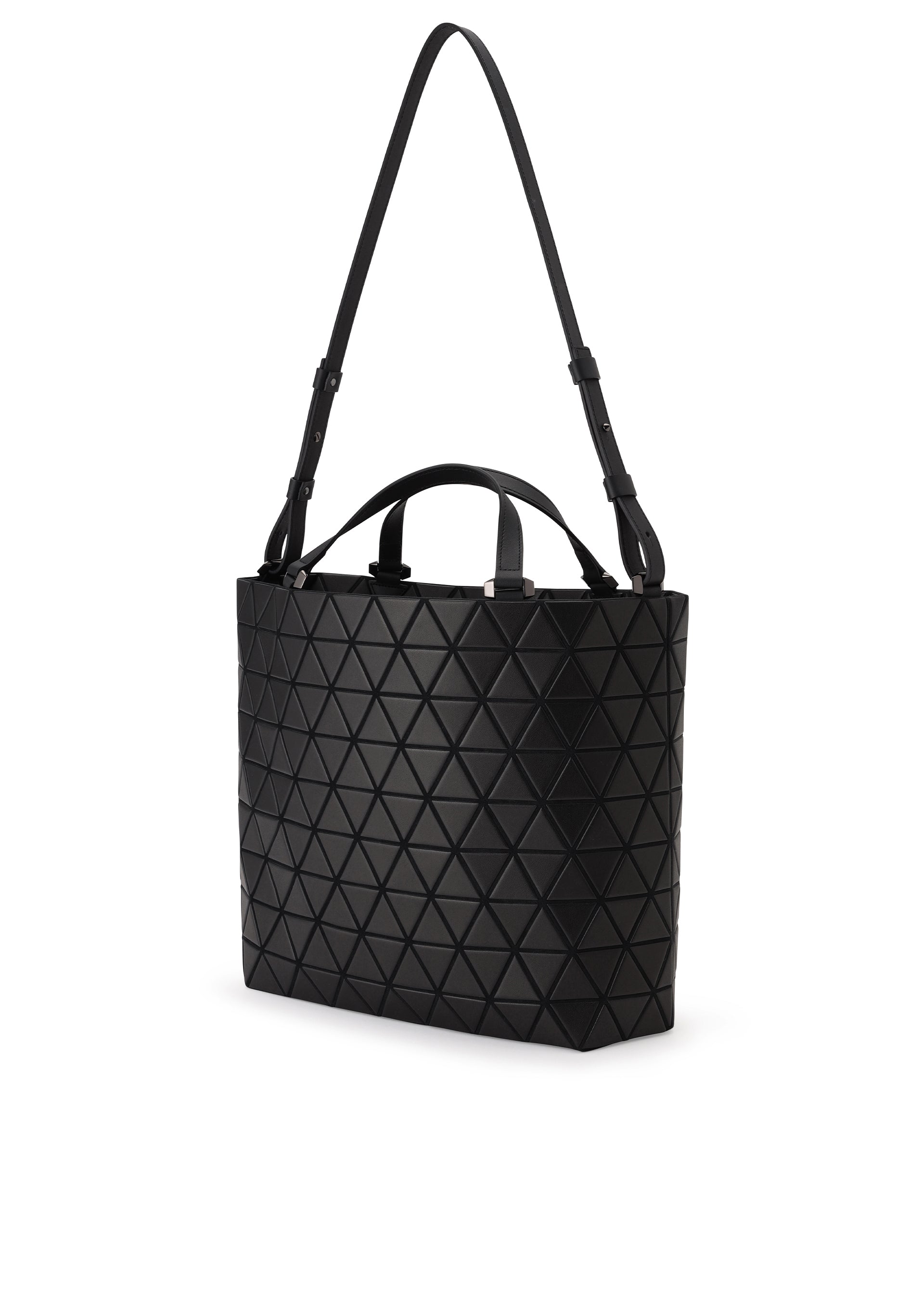 Zoomed view The CRYSTAL MATTE by BAO BAO ISSEY MIYAKE is a black geometric tote with a triangular pattern, short leather handles, and a long adjustable strap, sized for A4 documents and shown against a white background.