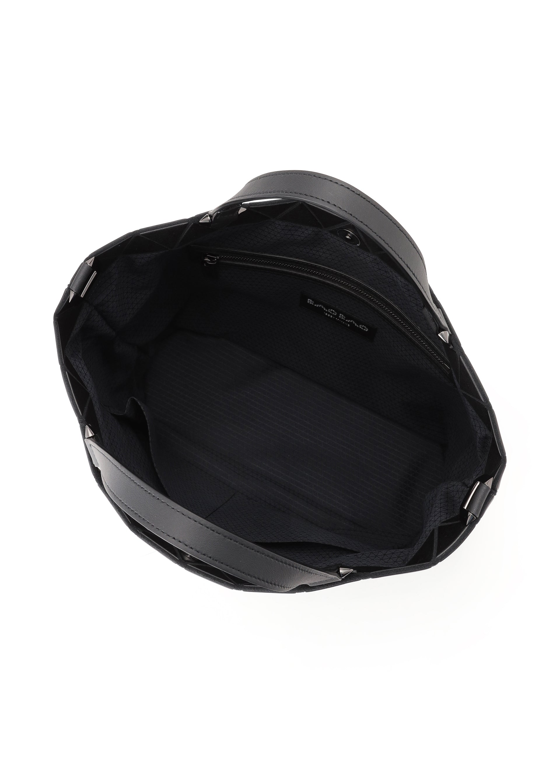 Zoomed view The CRYSTAL MATTE by BAO BAO ISSEY MIYAKE is a black chic handbag with a wide round opening, spacious black-lined interior, leather straps, zip pocket, and edge stitching—ideal for carrying A4-size documents.