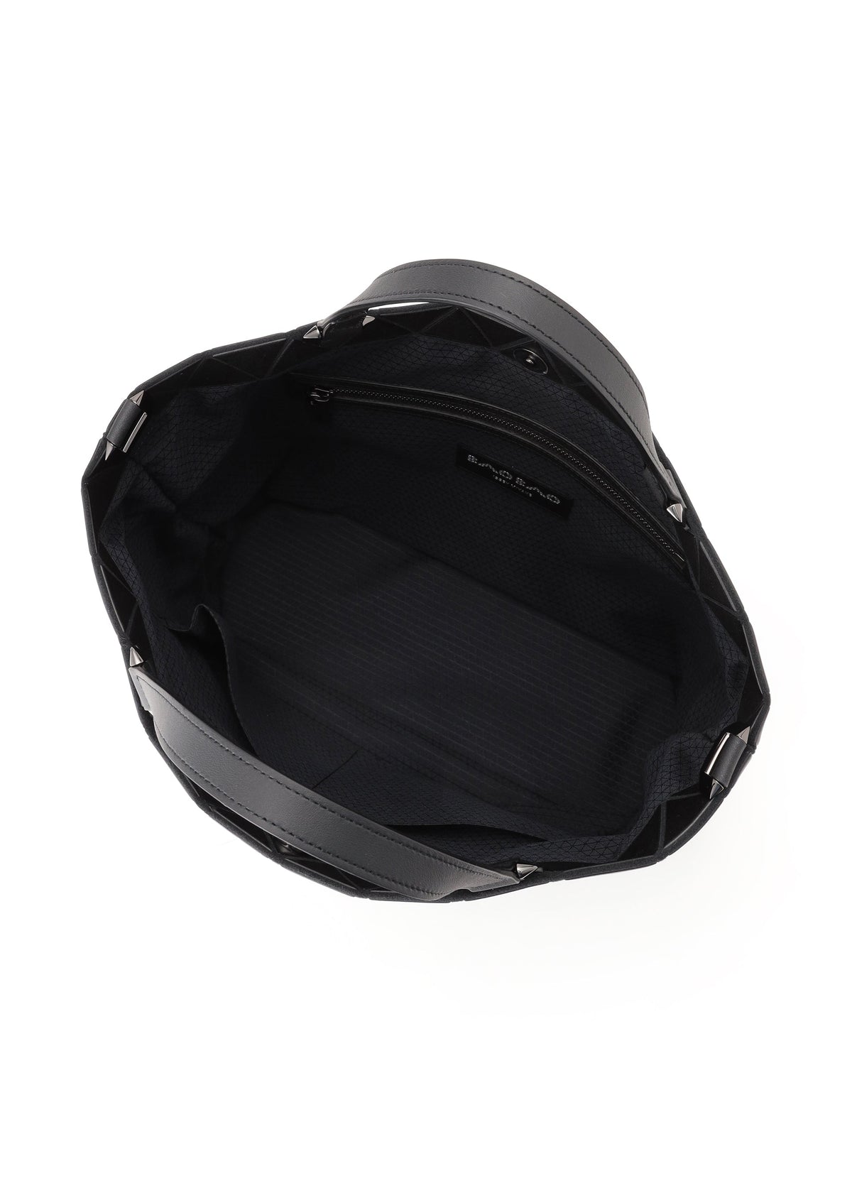 The CRYSTAL MATTE by BAO BAO ISSEY MIYAKE is a black handbag with an open top view, featuring sturdy leather straps and a spacious interior lined with black fabric, a zippered inner pocket, and visible silver studs around the bag’s rim—perfect for carrying your A4-size documents in style. view 3 of 4