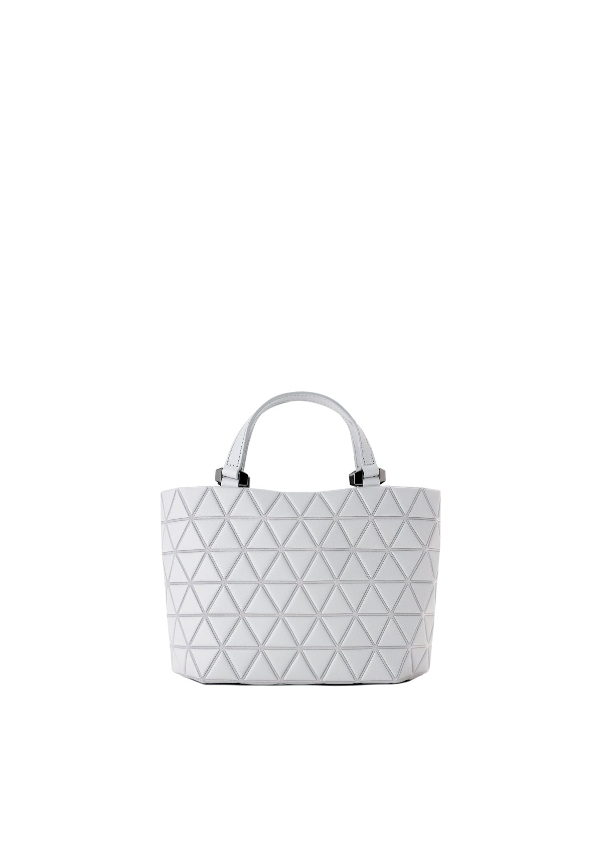The CRYSTAL MATTE by BAO BAO ISSEY MIYAKE is a white tote bag featuring short handles and a geometric triangular pattern on its surface, complemented by sleek leather straps for added style, all set against a plain white background. view 1 of 6