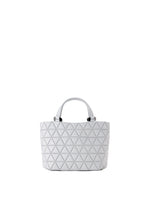 The CRYSTAL MATTE by BAO BAO ISSEY MIYAKE is a white tote bag featuring short handles and a geometric triangular pattern on its surface, complemented by sleek leather straps for added style, all set against a plain white background. - LIGHT GRAY （no.11）