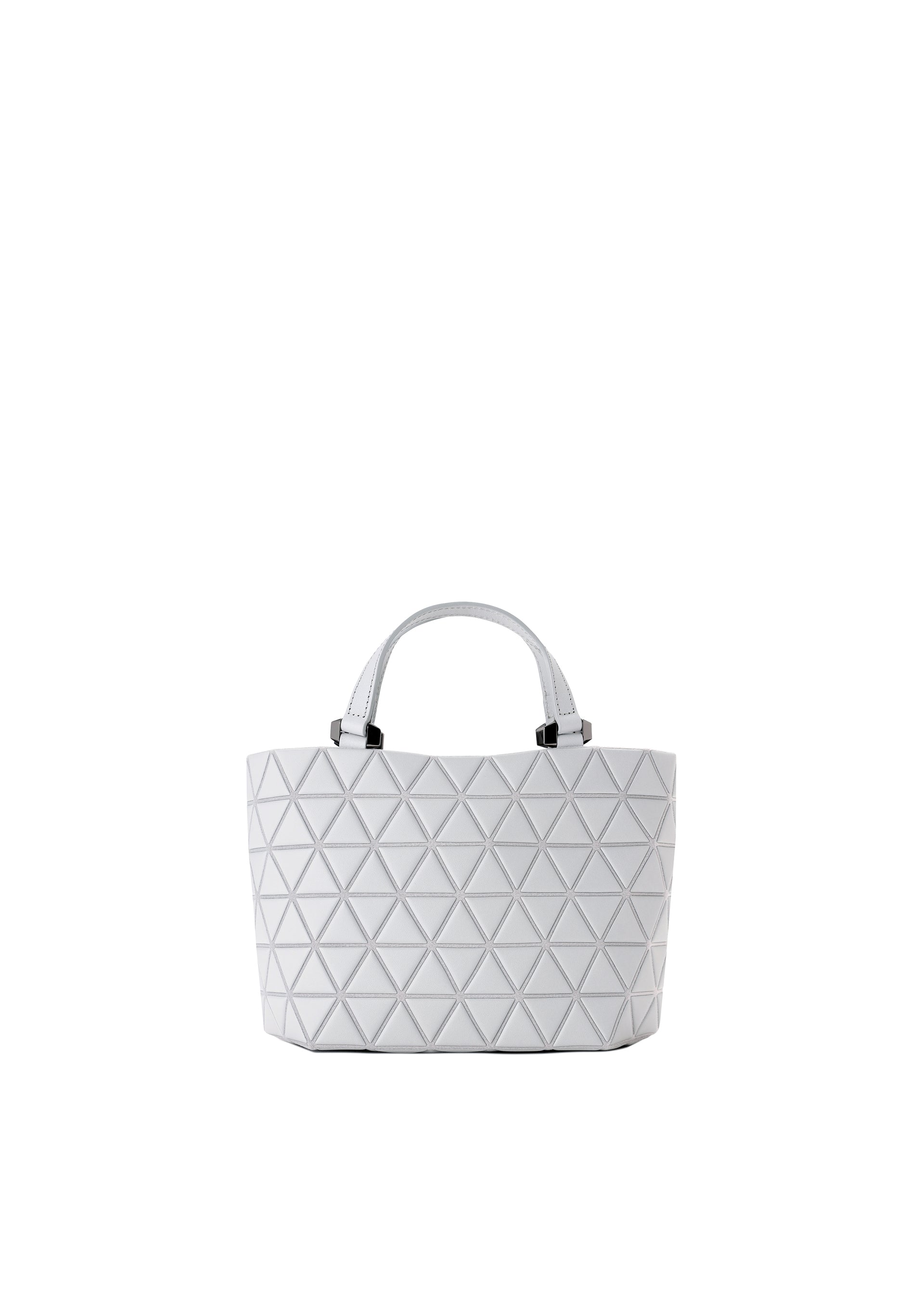 Zoomed view The CRYSTAL MATTE by BAO BAO ISSEY MIYAKE is a white tote bag featuring short handles and a geometric triangular pattern on its surface, complemented by sleek leather straps for added style, all set against a plain white background. - LIGHT GRAY （no.11）