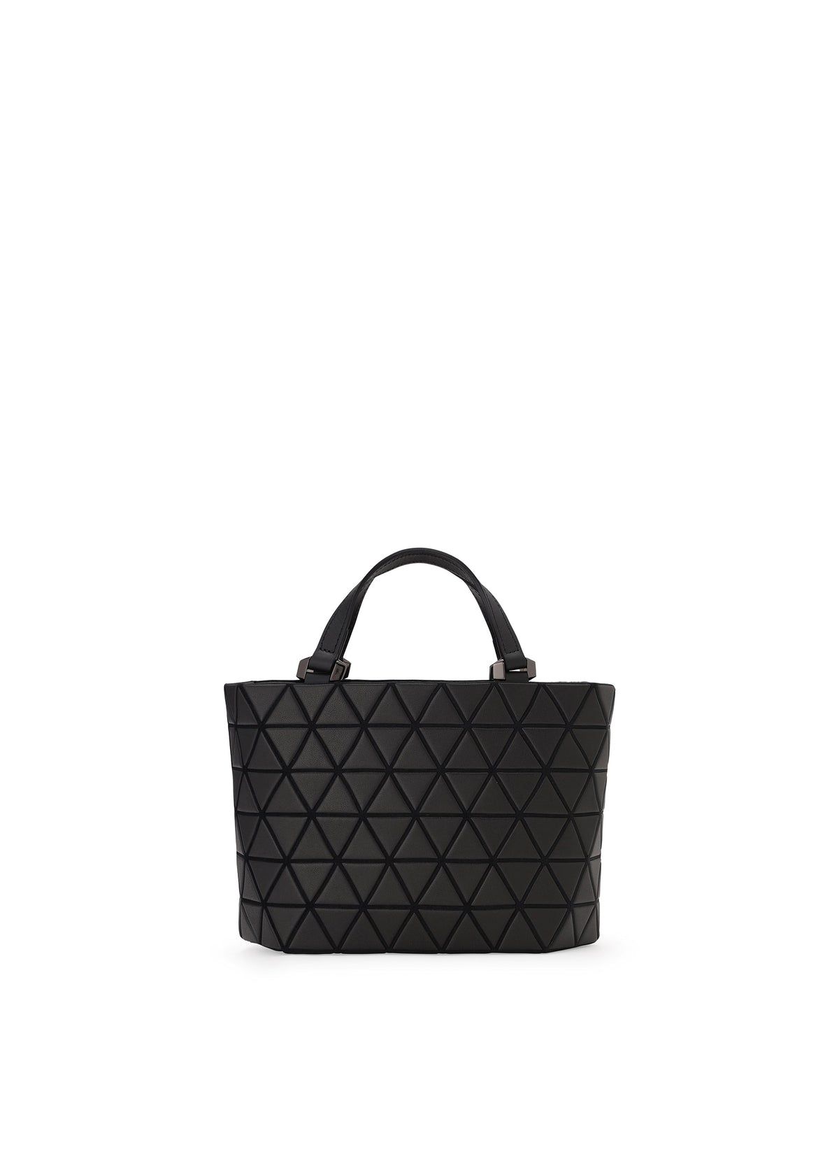 A black CRYSTAL MATTE tote bag by BAO BAO ISSEY MIYAKE, featuring a geometric triangular pattern and two short leather straps, is displayed against a plain white background. view 2 of 6