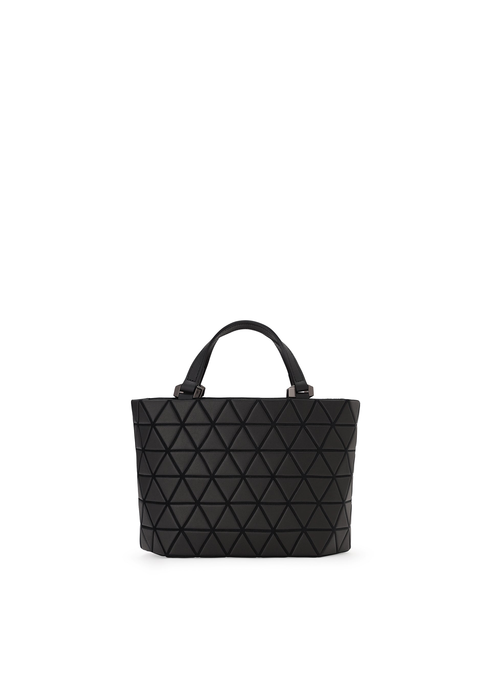 Zoomed view A black CRYSTAL MATTE tote bag by BAO BAO ISSEY MIYAKE, featuring a geometric triangular pattern and two short leather straps, is displayed against a plain white background. - MATTE BLACK （no.16）