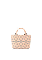 The CRYSTAL MATTE by BAO BAO ISSEY MIYAKE is a peach-toned mini handbag with dual leather straps, showcasing a geometric pattern of interlocking triangles against a white backdrop. - LIGHT CORAL PINK （no.20）