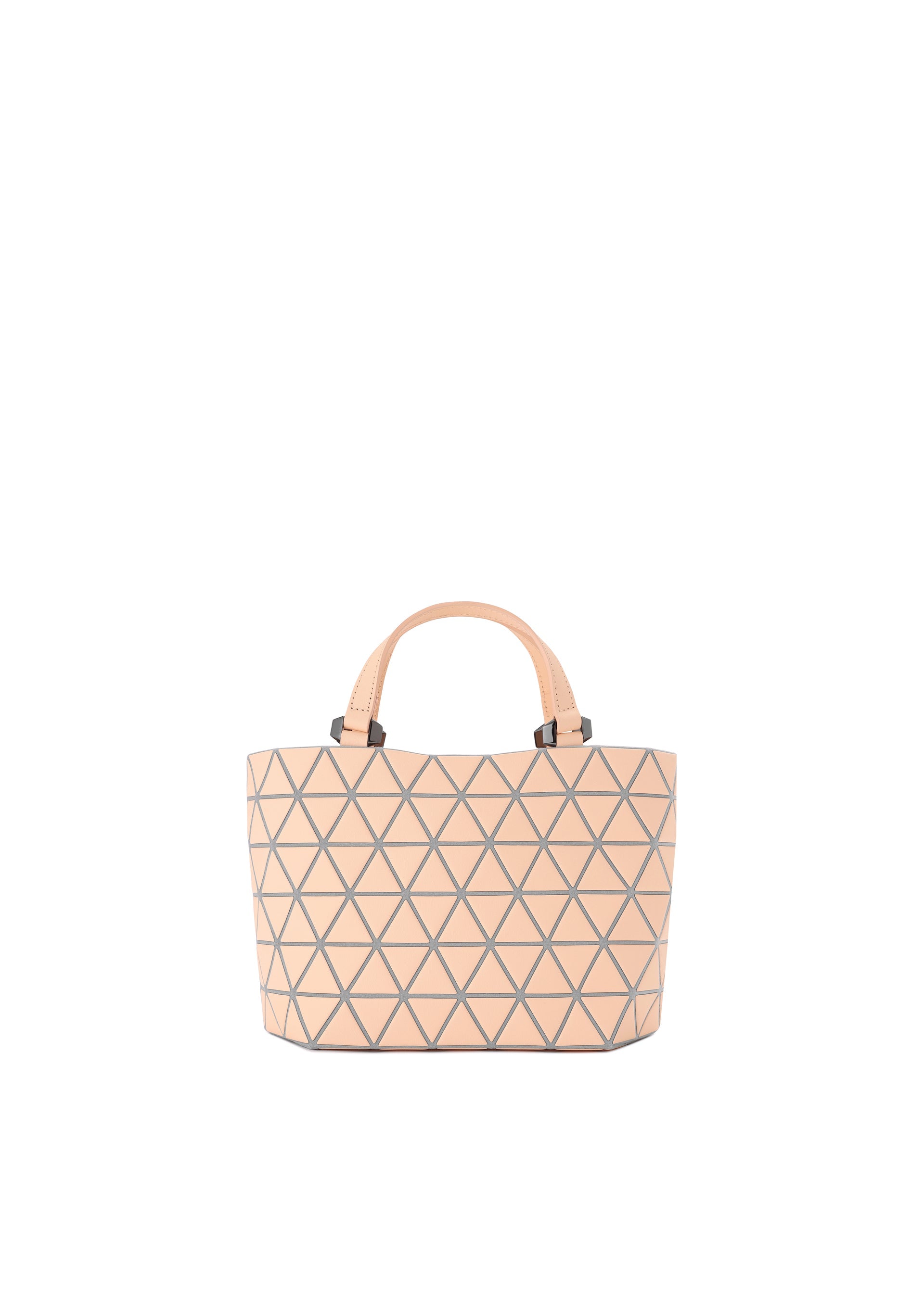 Zoomed view The CRYSTAL MATTE by BAO BAO ISSEY MIYAKE is a peach-toned mini handbag with dual leather straps, showcasing a geometric pattern of interlocking triangles against a white backdrop. - LIGHT CORAL PINK （no.20）