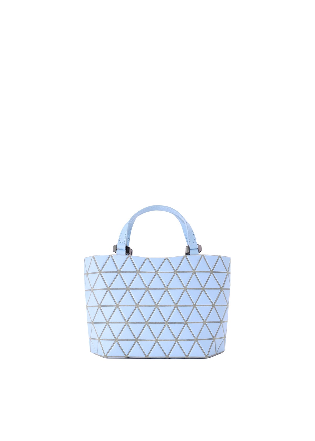 The CRYSTAL MATTE tote bag by BAO BAO ISSEY MIYAKE features a light blue color, leather straps, and a geometric triangular grid pattern in dark lines, showcased against a plain white background. view 3 of 7