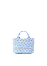 The CRYSTAL MATTE tote bag by BAO BAO ISSEY MIYAKE features a light blue color, leather straps, and a geometric triangular grid pattern in dark lines, showcased against a plain white background. - LIGHT BLUE （no.71）