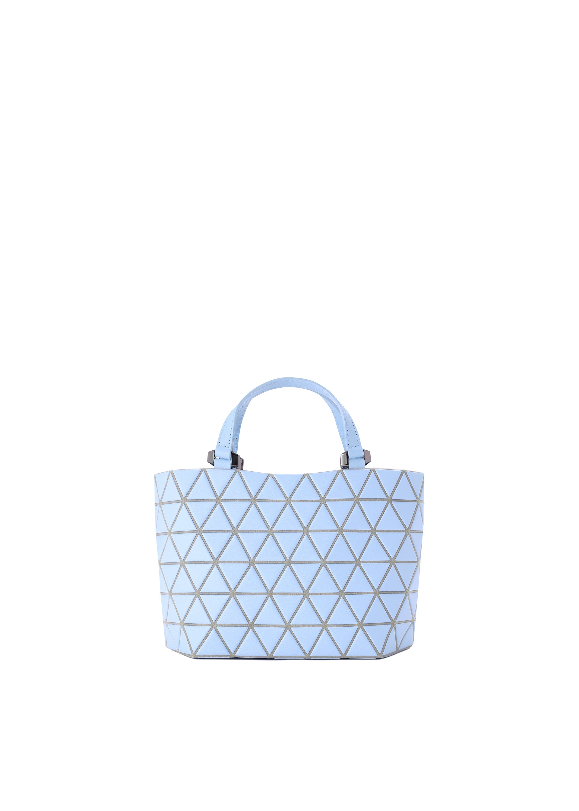 Zoomed view The CRYSTAL MATTE tote bag by BAO BAO ISSEY MIYAKE features a light blue color, leather straps, and a geometric triangular grid pattern in dark lines, showcased against a plain white background. - LIGHT BLUE （no.71）