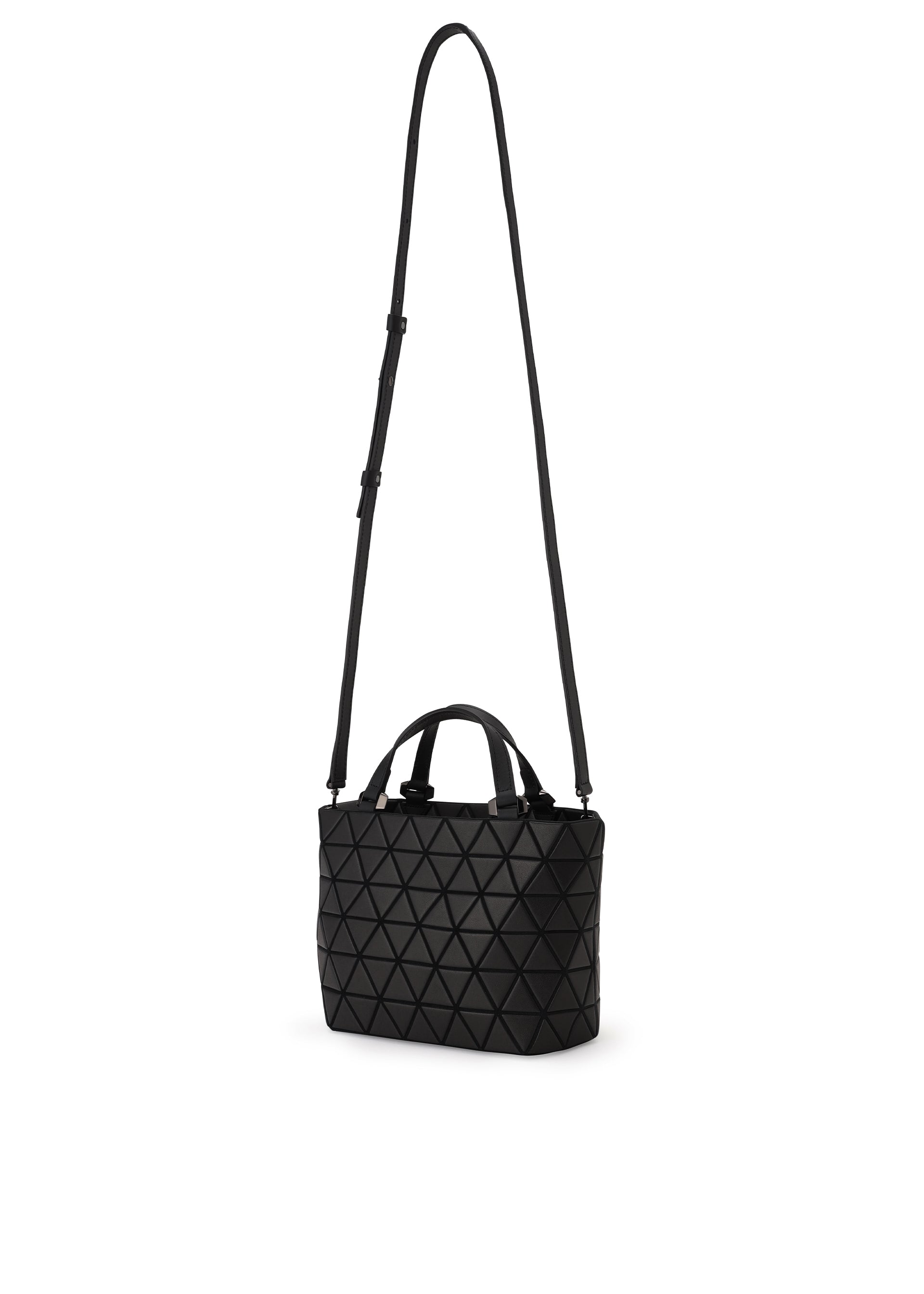 Zoomed view The BAO BAO ISSEY MIYAKE CRYSTAL MATTE mini handbag, crafted in black with a bold triangular geometric pattern, is shown against a white background. It features two short leather handles as well as a long adjustable, detachable shoulder strap.
