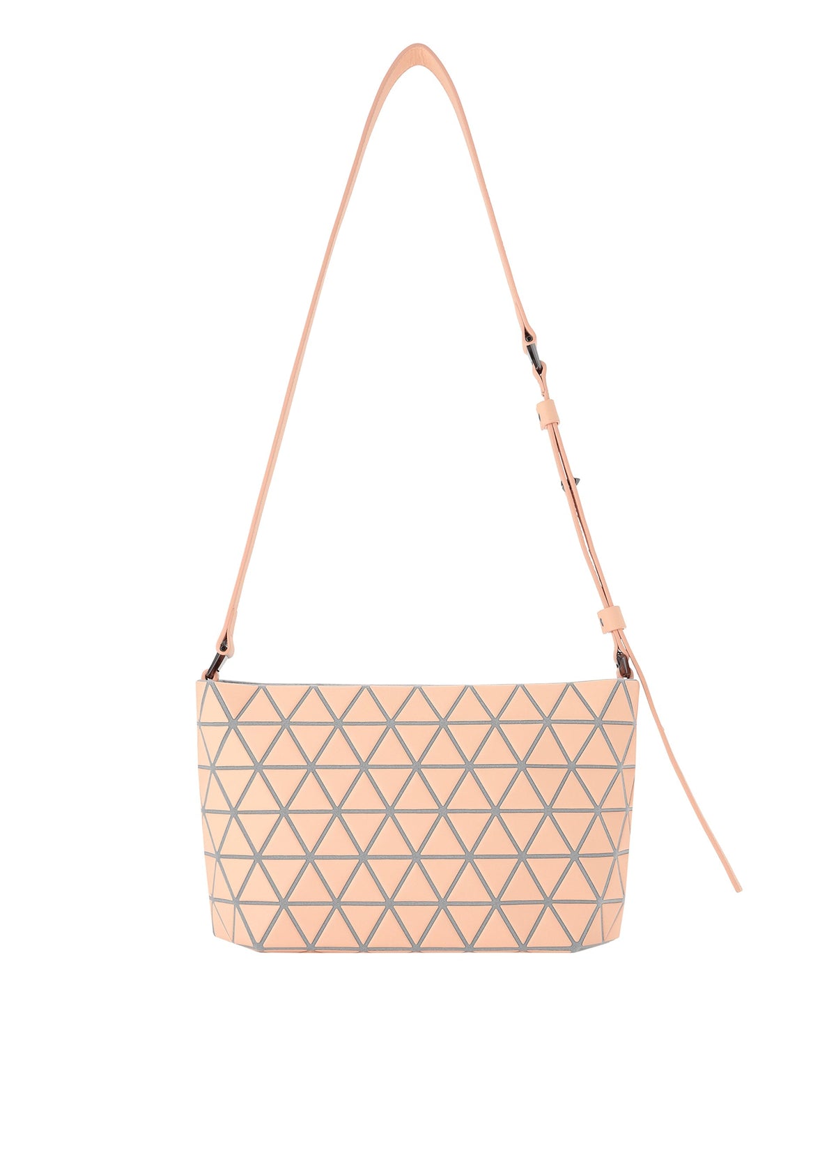 The BAO BAO ISSEY MIYAKE CRYSTAL MATTE is a peach shoulder bag made from matte material, featuring gray geometric grid lines and an adjustable matching strap. view 2 of 7