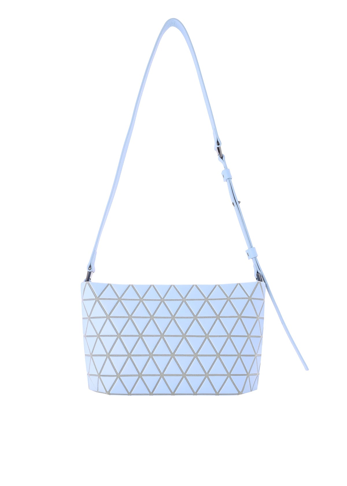 The CRYSTAL MATTE by BAO BAO ISSEY MIYAKE is a light blue shoulder bag featuring matte geometric triangular patterns, an adjustable leather strap, and is displayed against a white background. view 3 of 7