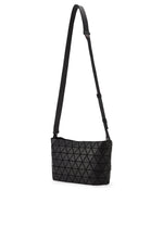 The BAO BAO ISSEY MIYAKE CRYSTAL MATTE is a black crossbody bag with an adjustable strap and a geometric triangular pattern on its matte body, shown against a white background.