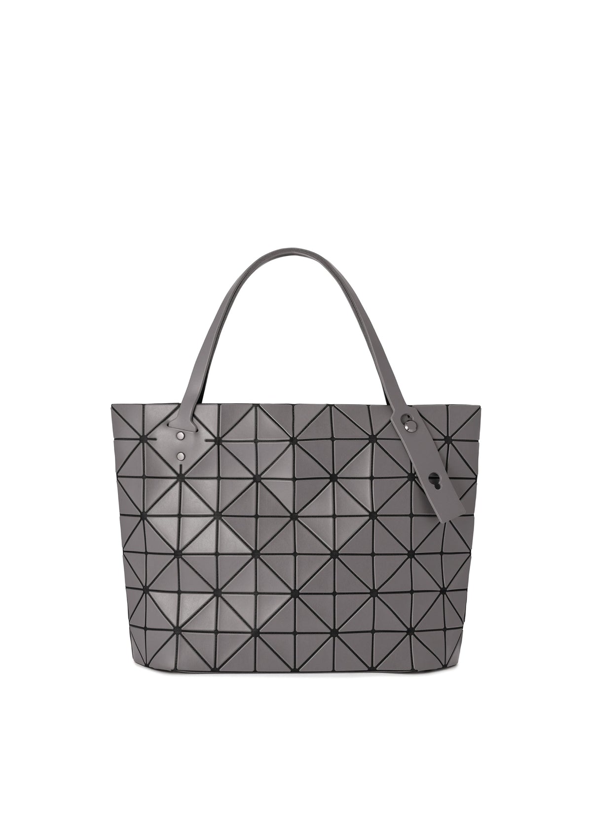 The BAO BAO ISSEY MIYAKE ROCK MATTE gray tote features a geometric triangular pattern, two handles, and a gusseted bottom for extra space—ideal for carrying your 13-inch laptop—shown against a white background. view 2 of 8