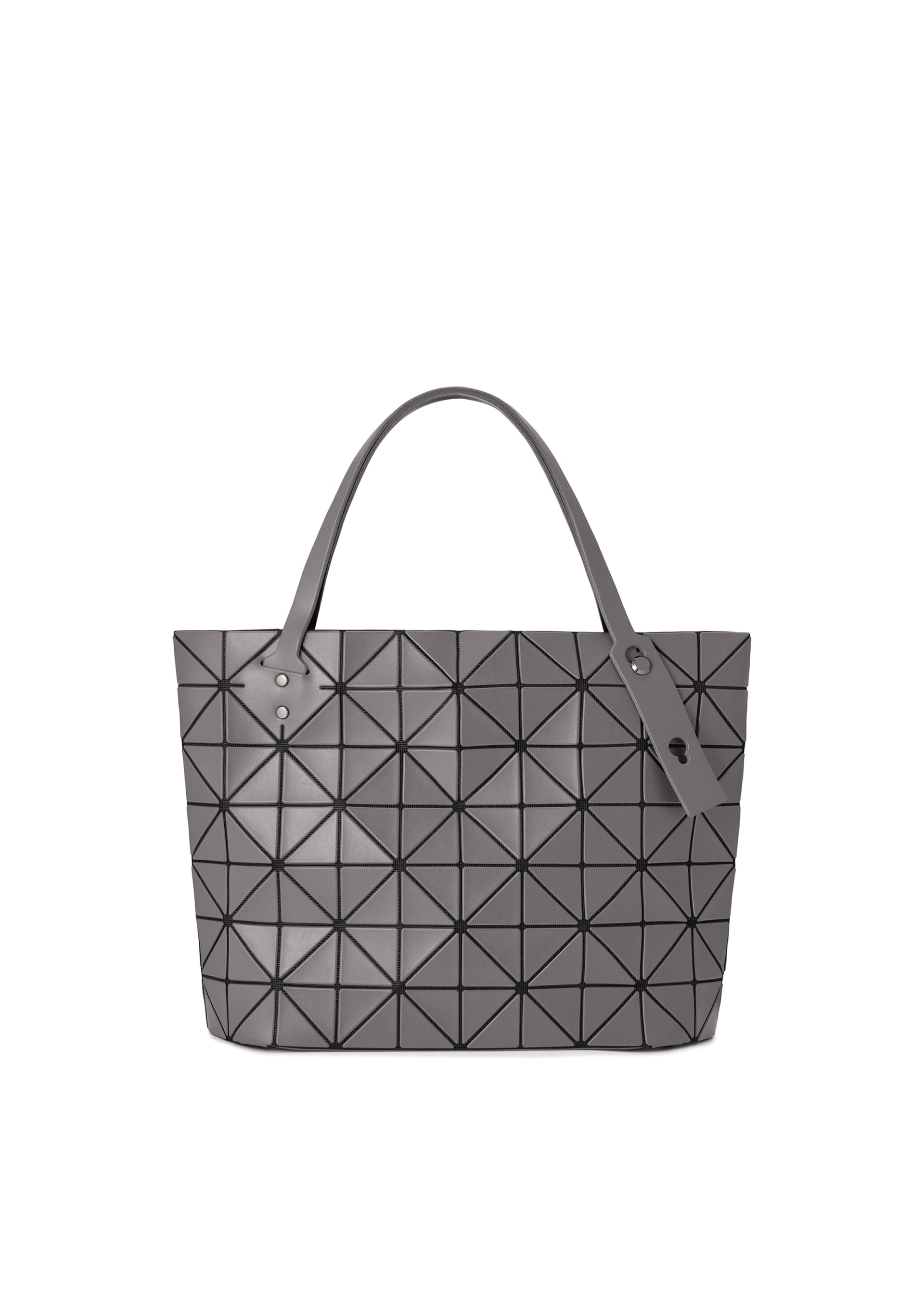 Zoomed view The BAO BAO ISSEY MIYAKE ROCK MATTE gray tote features a geometric triangular pattern, two handles, and a gusseted bottom for extra space—ideal for carrying your 13-inch laptop—shown against a white background. - CHARCOAL GRAY (no.14)